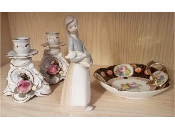 LLadro Figurine With Pair Of Porcelain Candlesticks And Gilded Candy Dish (Lot 136)