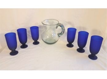 7-piece Water Set: Murano-style Handled Pitcher And 6 Cobolt Blue Glass Stemmed Tumblers (Lot 070)