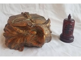 Golden Elephant Lided Box And Asian Wooden Toothpick Holder (Lot 040)