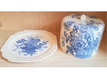 Crown Devon Cheese / Cake Dome China In White With Blue (Lot 024)