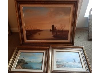 Trio Of Framed Original Oil Paintings Of Windmills Near Water (Lot 126)