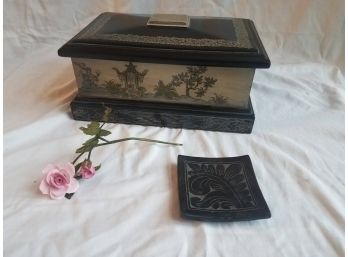 Beautiful Japanese Keepsake Box With Porcelain Flower And Candle Holder (Lot 062)