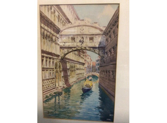Framed  Watercolor Venice Canal Vintage