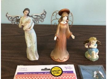 Angel Lot 3 Figurines Stationery And Mini Wind Chime