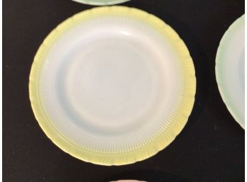 Set Of 6 Milk Glass Dinner Plates With Pastel Rims