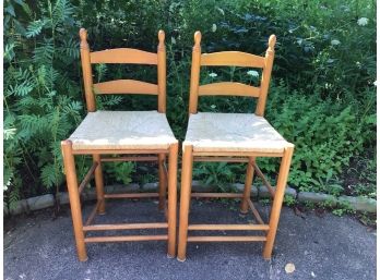 Pair Of Wood Breakfast Bar Stools With Rush Seats