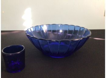 Cobalt Glass Bowl And Two Votive Holders