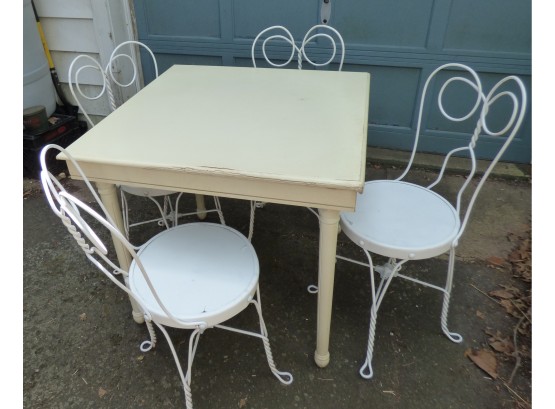 Small Dining Table W/ Folding Legs & Set Of Four Vintage Ice Cream Parlor Stools