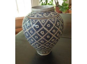 Hand-Thrown Signed Portuguese Blue & White Glazed Terracotta Urn