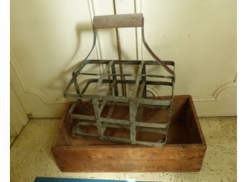 Vintage Milk Bottle Basket & Wooden Crate