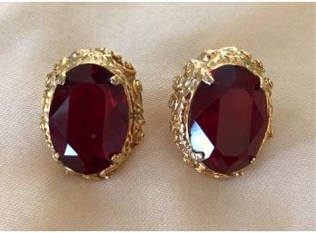 Gold Filled Pierced Earrings With 'Ruby' Look Cabochons