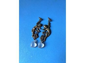 Pair Of Antiqued Brass Cherub Dangle Earrings