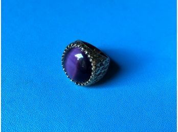 Gold Tone Cocktail Ring With Deep Purple Glass Cabochon