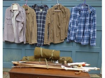 Mountain Man Lot: Vintage Flannel Shirts, Wool Military Blankets, Walking Sticks