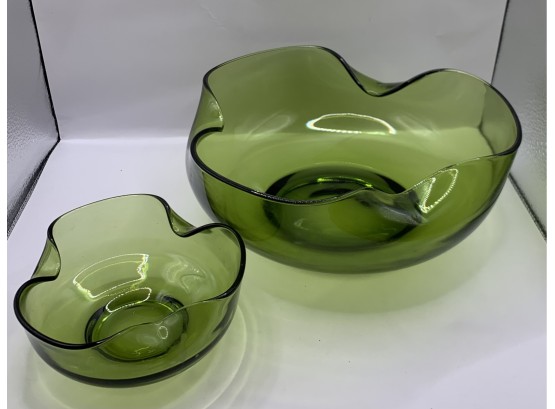 Pair Of Vintage Green Ripple Glass Bowls