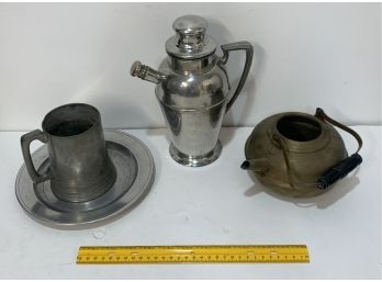 3 Piece Pewter Lot And 1 Brass Teapot