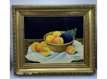 Nicely Framed Oil On Canvas Peaches Painting