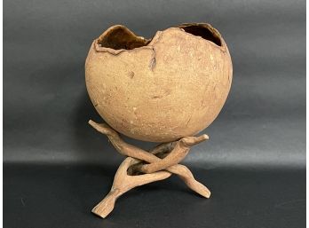 A Signed Studio Pottery Art Bowl On A Wooden Display Stand