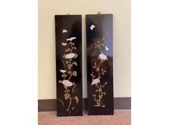 A Pair Of Traditional Asian Black Lacquer Panels, Floral