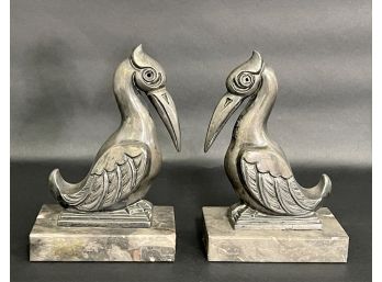 A Pair Of Art Deco Cast-Metal Toucan Bookends On Marble Bases
