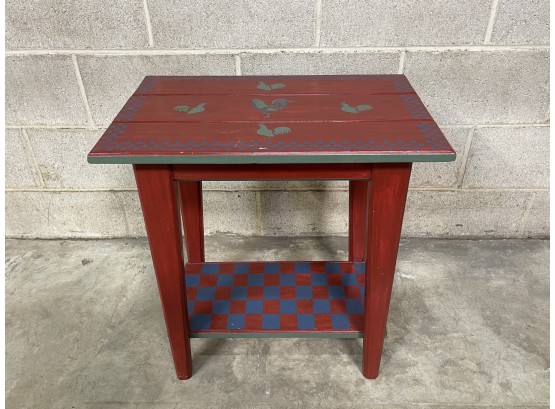 Farm Style Side Table With Rooster And Checkerboard Pattern