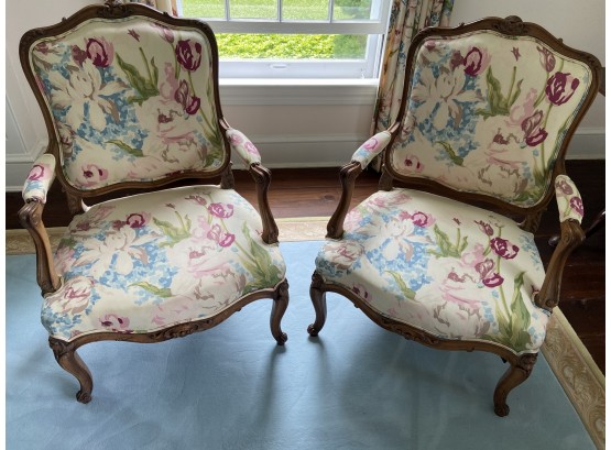Pair Of French Provincial Louis XV Style Fauteuils Armchair Floral