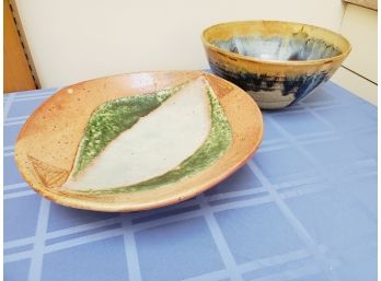 Two Pieces Of Hand Thrown Glazed Signed Pottery Stoneware Bowls