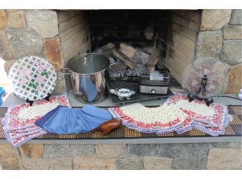 Mixed Kitchen Lot With Egg Cooker, Stock Pot, Table Runner, Placemats, Napkins, Decorative Plates & More