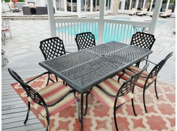 Large Black Cast Aluminum Oblong Outdoor Patio Table & Six Chairs