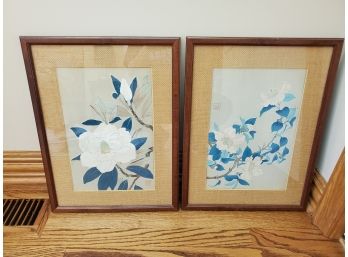 Pretty Vintage Pair Of Signed Asian Floral Art Prints - Framed