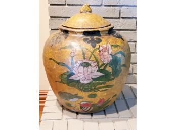 Lovely Antique Papier Mache Asian Large Lidded Ginger Jar - Hand Painted In Floral Lily Pad Motif