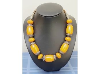 Wonderful Chunky Genuine Silver & Yolk Amber Beaded Necklace From The Baltics