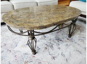 Very Handsome Wrought Metal Oval Cocktail Table With Beige Oval Faux Marble Top