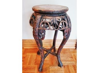 Beautiful Antique Chinese Handsomely Carved Side Accent Table With Red Marble Inlay Top