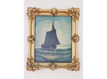 Beautiful Antique Nautical Tall Ship Sailing Boat Ornately Framed Oil Painting