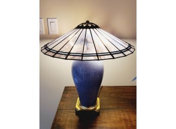 Beautiful Pottery Table Lamp With Arts & Crafts Styled Stained Glass Shade On Crescent Brass Base