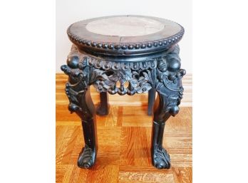 Very Nice Chinese Antique Carved Rosewood Accent Table / Plant Stand With Red Marble Inlay Top