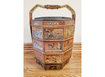 Very Ornate Chinese Nested Bamboo Food Basket With Hand-Painted Dcor And Large Handle