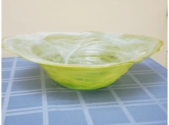 Large Hand Blown Lime Green & White Glass Centerpiece Bowl