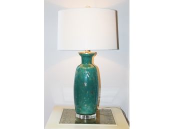 Beautiful Vintage Teal & Gold Flecks Blown Glass Table Lamp With Shade - Murano(?)