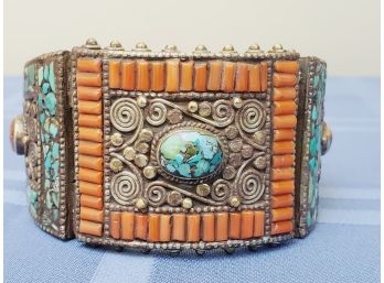 Stunning Russian Silver, Turquoise & Coral Large Ladies Cuff Bracelet-from Former Soviet Republic Of Georgia