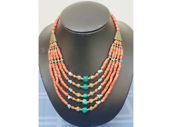 Beautiful Multi Strand Beaded Coral, Turquoise & Brass Statement Necklace