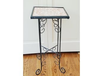Small Scrolled Wrought Metal Mosaic Stone Topped Small Accent Table / Plant Stand