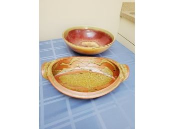 Two Stoneware Pottery Handmade Glazed Serving Bowls
