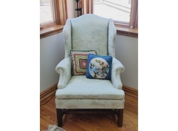 Vintage Seafoam Green Wing Back Chair With Needlepoint Accent Pillows