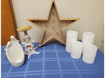 Pot Luck Home Decorating Mixed Lot - Lighted Wood Star, Battery Candles And More