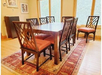 Vintage Asian Inspired Dining Room Table With Eight Bamboo Look Upholstered Chairs