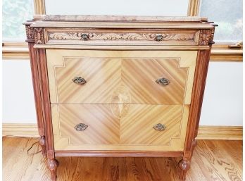 Stunning Antique Marble Topped Inlaid Marquetry & Carved Wood Small Cabinet Dresser Sideboard
