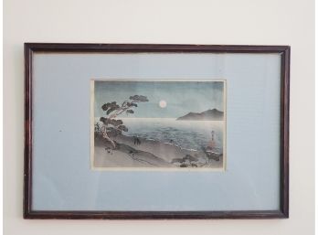 Antique Framed Chinese Pen & Ink Full Moon Seascape
