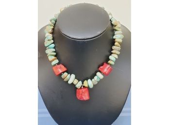 Ladies Turquoise Oval Stone Necklace Accented With Large Chunky Red Coral Stones